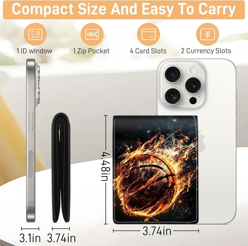 Bebomne Teen Boys Wallet for Kids - Basketball Kids Wallet for Boys Leather Credit Id Card Cash Holder Rfid Blocking Zipper Cool Funny with Coin Pocket Id Window Bifold Sports Design for Teen Birthday Gifts - Image 2